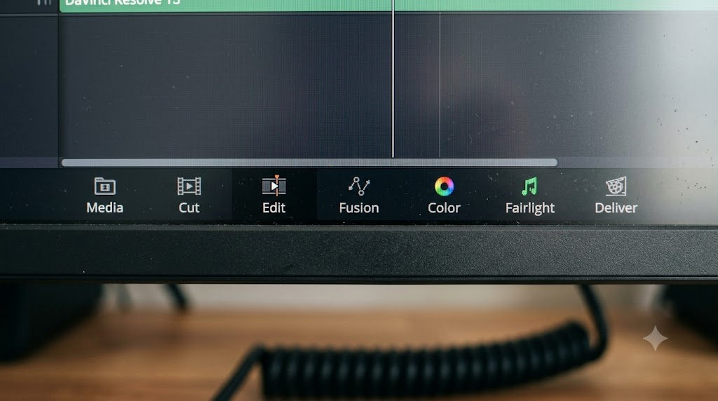 Illustration of the DaVinci Resolve page selector with Media, Cut, Edit, Fusion, Color, Fairlight, and Deliver