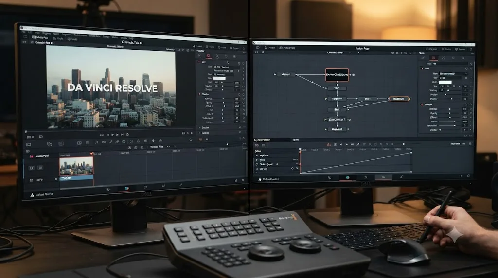 Illustration comparing a Fusion effect applied from the DaVinci Resolve Edit page Inspector with the same effect open as a full node tree on the Fusion page
