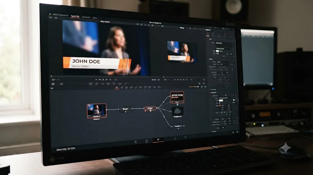 Illustration of a finished lower third title composite with a full node chain in DaVinci Resolve Fusion