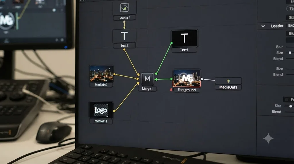 Illustration of a DaVinci Resolve Fusion Merge node combining a background and foreground image