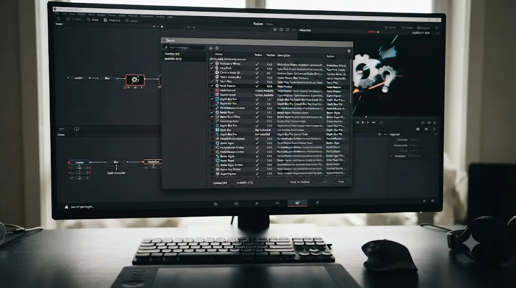 Illustration of the Reactor package manager window showing installable community macros in DaVinci Resolve Fusion