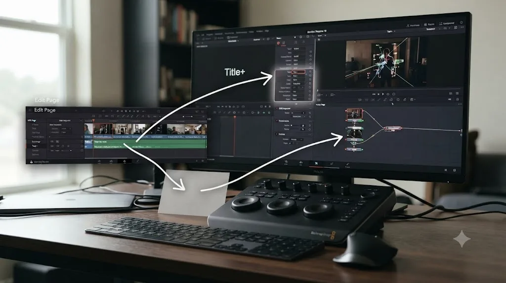 Illustration of a decision path between using Text+ on the Edit page and opening the full DaVinci Resolve Fusion page