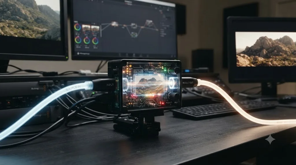 Illustration of a single DaVinci Resolve Fusion node processing an image as it flows through