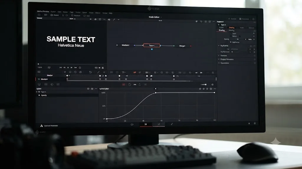Illustration of a Text+ node in DaVinci Resolve Fusion animated with keyframes in the Spline Editor
