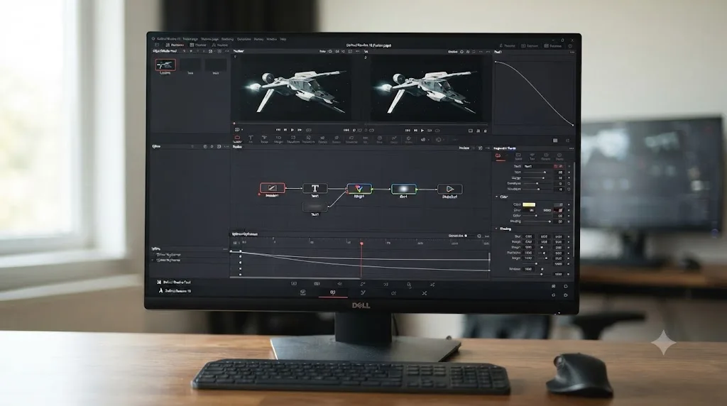Illustration of the DaVinci Resolve Fusion page workspace layout with viewers, Flow, toolbar, and Inspector labeled