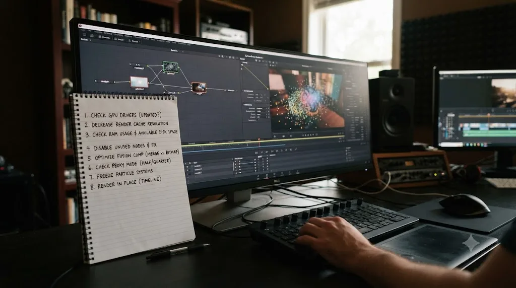 Illustration of a troubleshooting checklist overlaid on a smoothly rendering Fusion composition