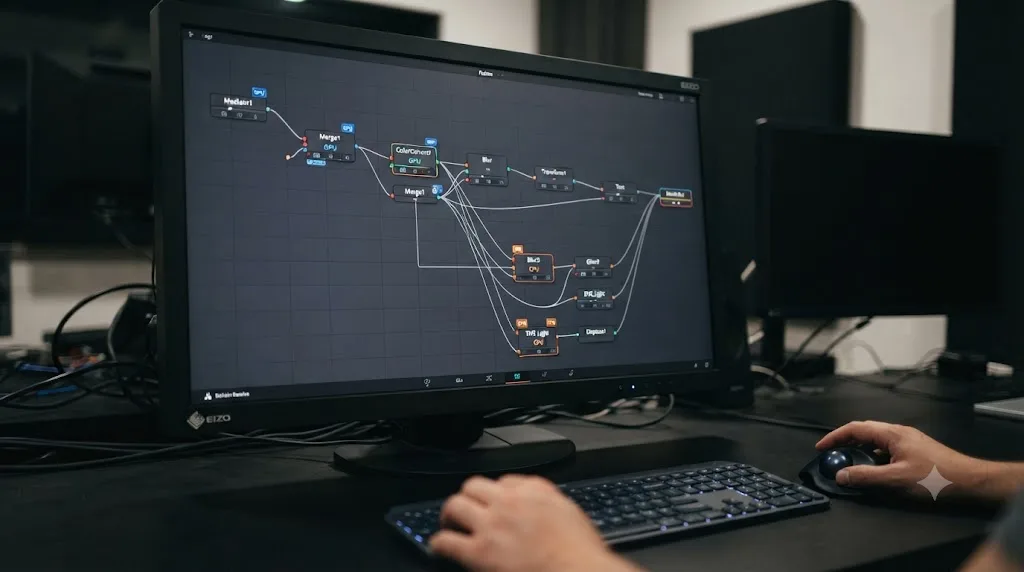 Illustration of a Fusion node graph with some nodes routed to the GPU and others forced onto the CPU
