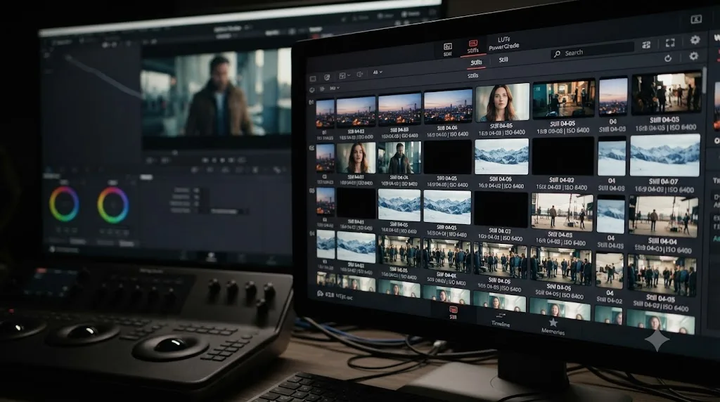 Illustration of a DaVinci Resolve gallery panel showing several stills as solid black thumbnails