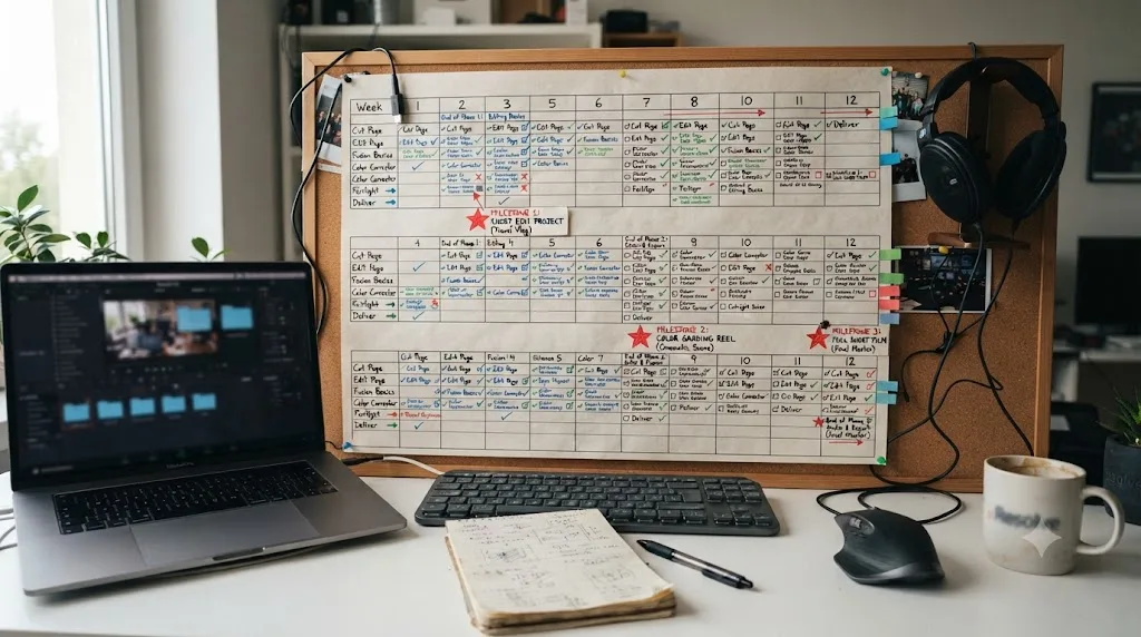 Illustration of a twelve-week DaVinci Resolve learning calendar for a working adult with milestones marked