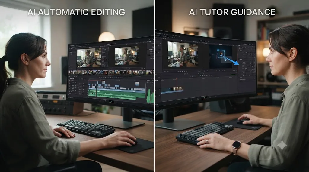 Illustration comparing an AI tool that automates edits with an AI tutor that points at controls for the user