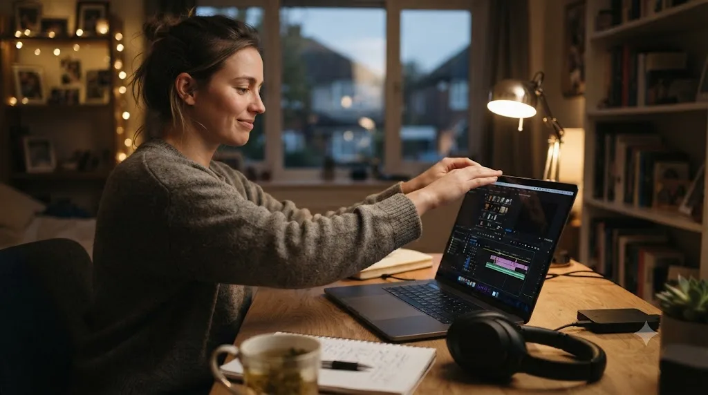 Illustration of a person choosing rest over an extended late-night DaVinci Resolve session to avoid burnout