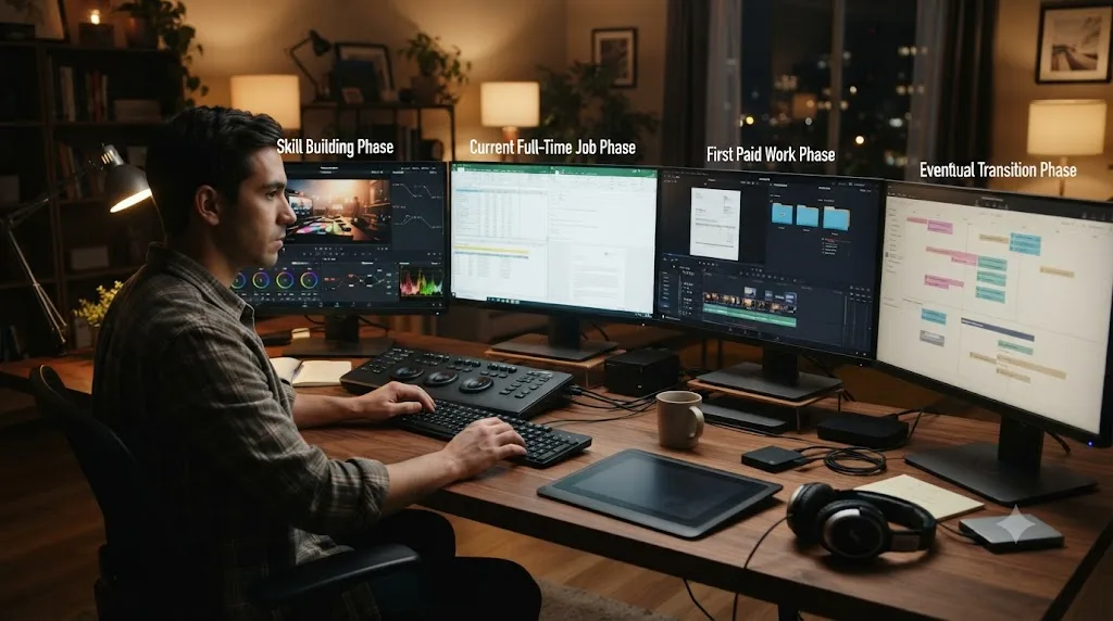 Illustration of three overlapping phases for transitioning to freelance DaVinci Resolve work while employed full time