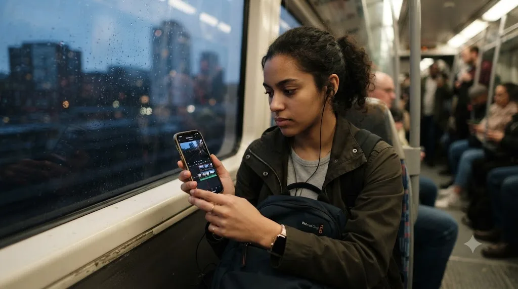 Illustration of someone reviewing a saved clip on their phone during a commute to plan an evening DaVinci Resolve session