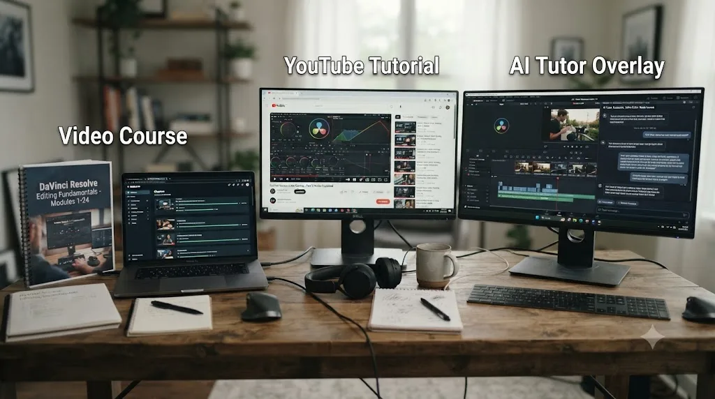 Illustration comparing a structured course, YouTube tutorials, and an AI tutor as different DaVinci Resolve learning tools
