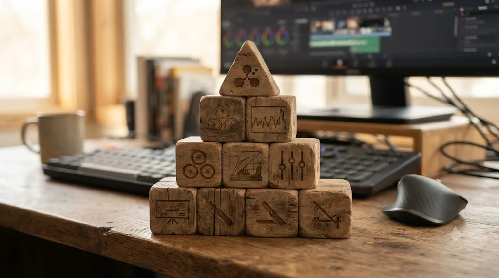 Illustration of a three-tier skill priority pyramid for learning DaVinci Resolve on a limited weekly schedule