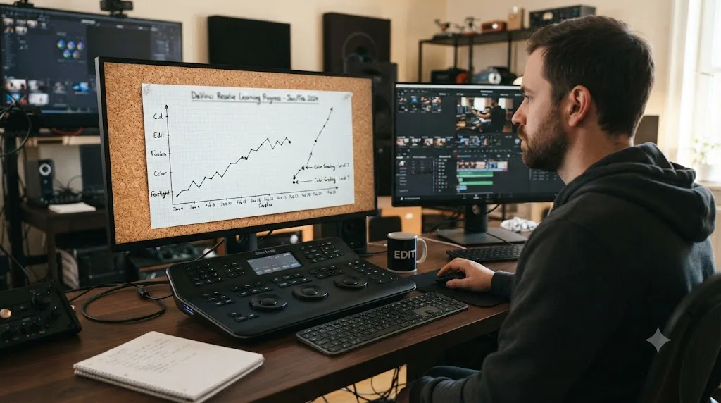 Illustration of a progress chart showing a gap in DaVinci Resolve practice followed by resumed progress at the same step