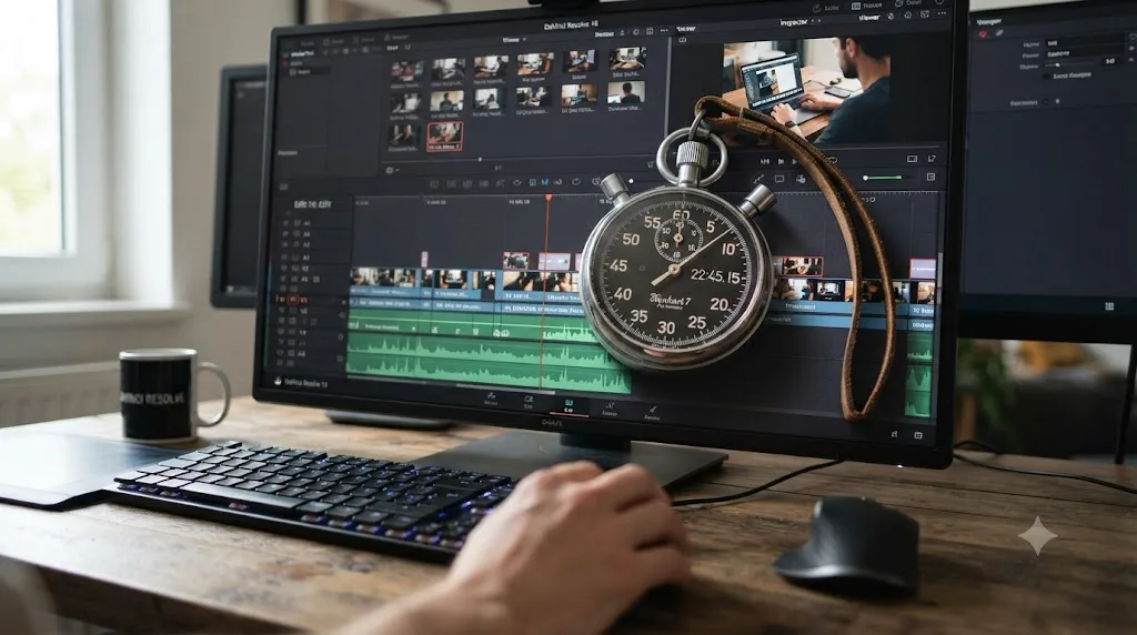 Illustration of a stopwatch and DaVinci Resolve timeline representing efficient limited practice sessions