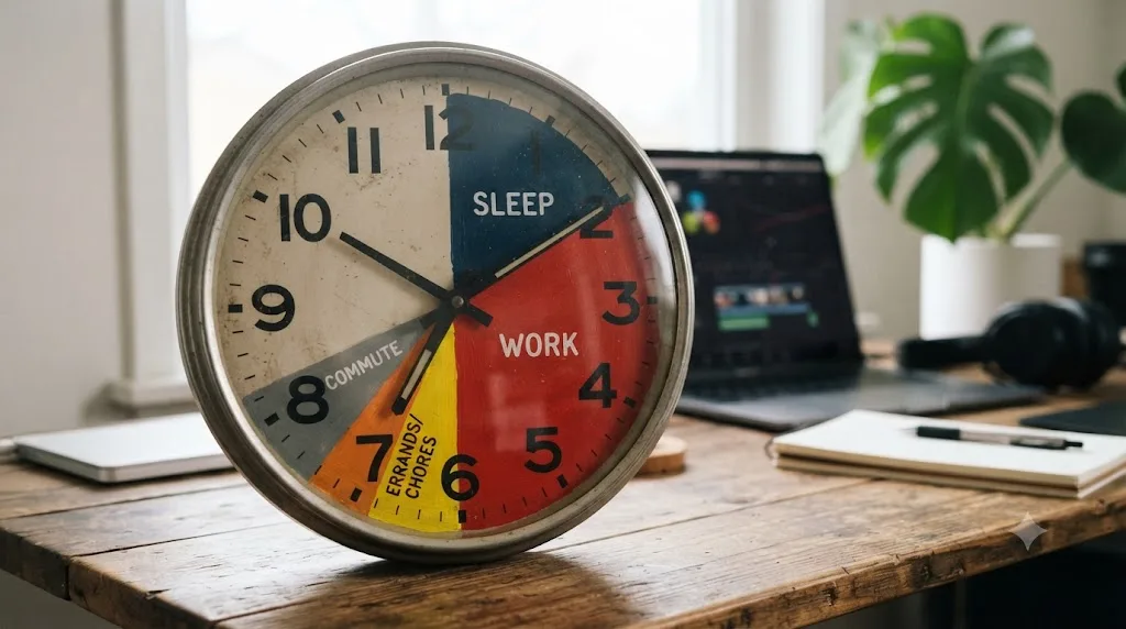 Illustration of a clock divided into segments showing how little discretionary time a full-time job leaves for practice