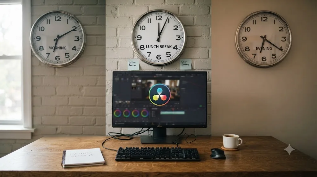 Illustration of three practice time windows, morning, lunch, and evening, for learning DaVinci Resolve around a job