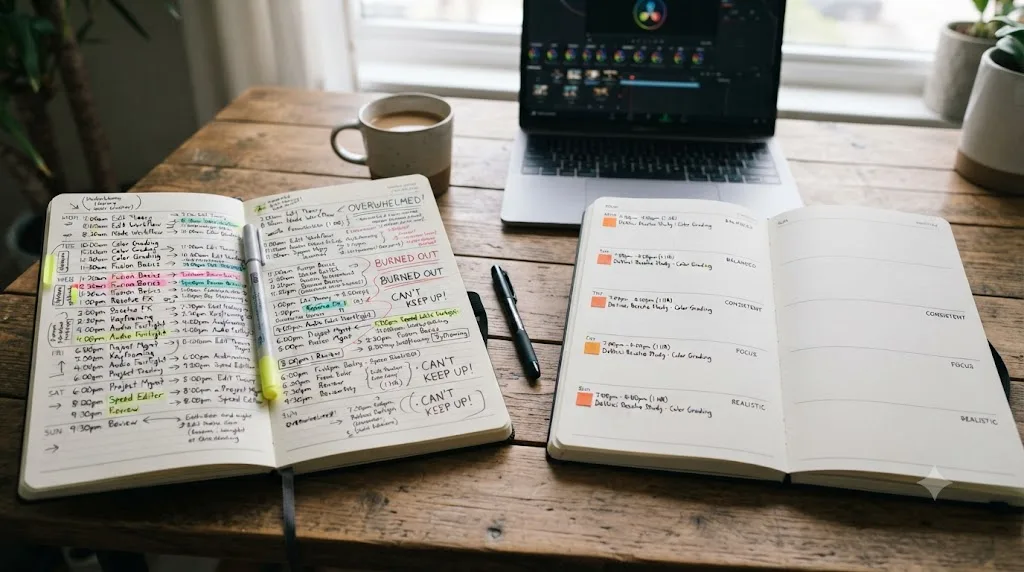 Illustration comparing an overly ambitious study calendar with a realistic protected daily slot for learning DaVinci Resolve
