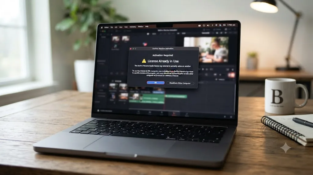 Illustration of a Blackmagic Cloud dashboard showing a DaVinci Resolve Studio rental seat assigned to one machine