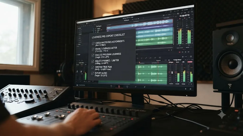 Illustration of a six step pre-export loudness checklist overlaid on a DaVinci Resolve Fairlight page