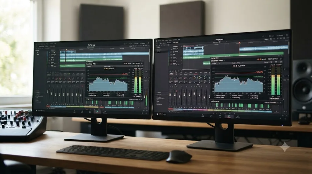 Illustration confirming DaVinci Resolve's Fairlight loudness tools are identical in the free and Studio versions