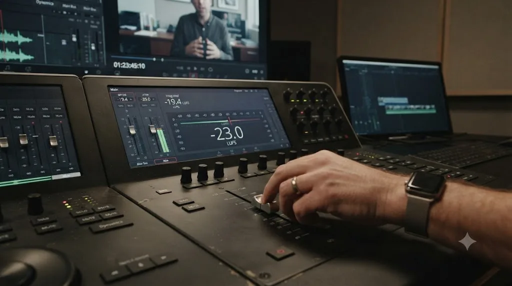 Illustration of a DaVinci Resolve Main bus fader adjustment changing the Integrated LUFS reading