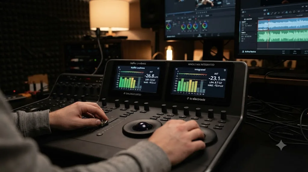 Illustration comparing Netflix dialogue-gated loudness measurement against a standard whole-mix Integrated LUFS reading