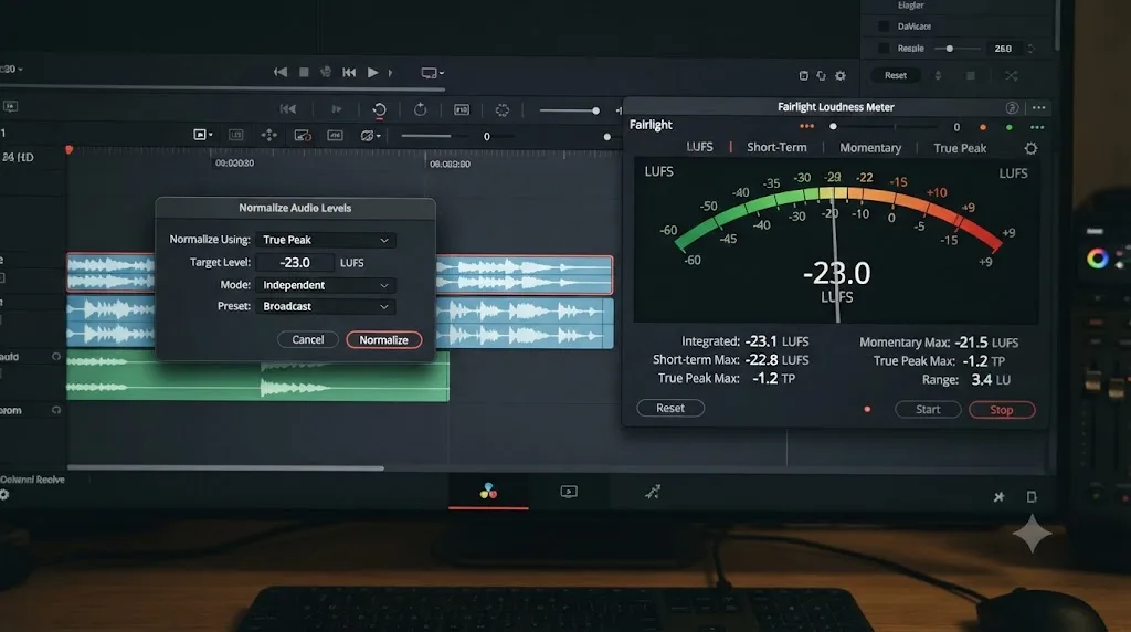 Illustration comparing the DaVinci Resolve Normalize Audio Levels dialog against the Fairlight Loudness Meter