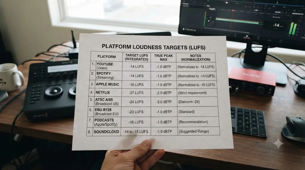 Illustration of a reference sheet listing LUFS loudness targets across YouTube, Spotify, podcasts, and broadcast