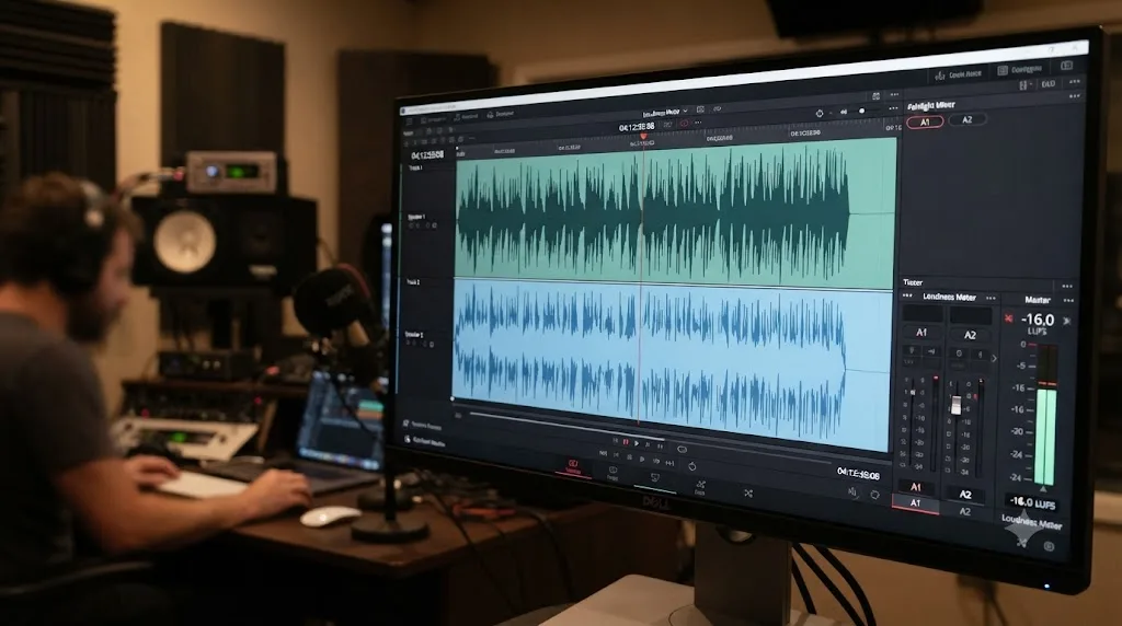 Illustration of a podcast waveform with two intercut speakers matched to a -16 LUFS target in DaVinci Resolve