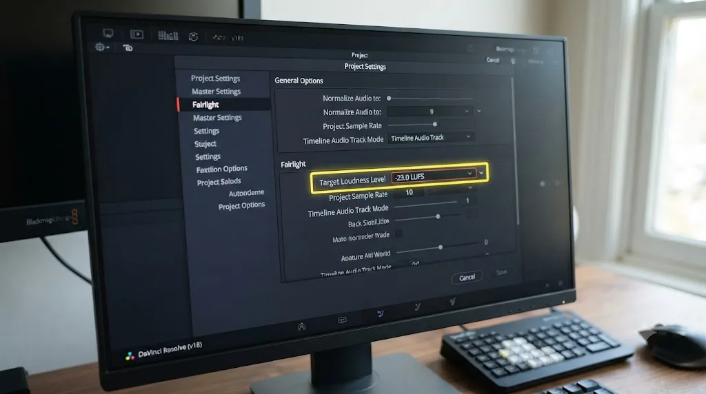 Illustration of the DaVinci Resolve Project Settings panel with Target Loudness Level highlighted