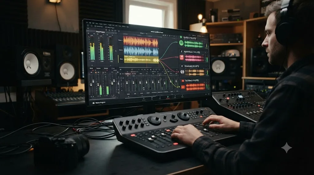 Illustration of a single mastered audio file branching into multiple platform deliveries at different loudness targets