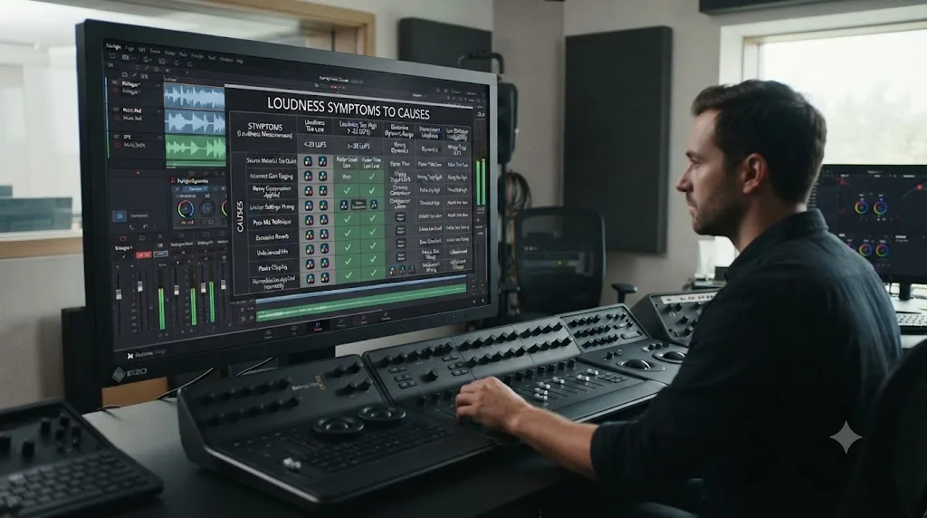 Illustration of a decision table mapping loudness measurement symptoms to their causes in DaVinci Resolve
