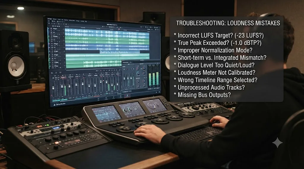 Illustration of a troubleshooting checklist over a DaVinci Resolve Fairlight page for loudness measurement mistakes