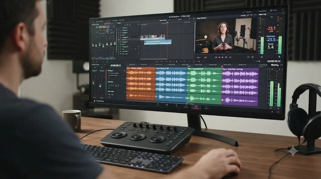 Illustration of a four pass loudness correction process on a DaVinci Resolve tutorial video timeline