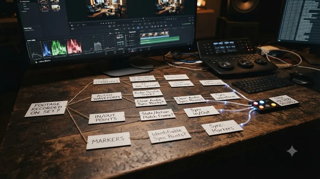 Illustration of a decision path for choosing a DaVinci Resolve multicam sync method based on footage type
