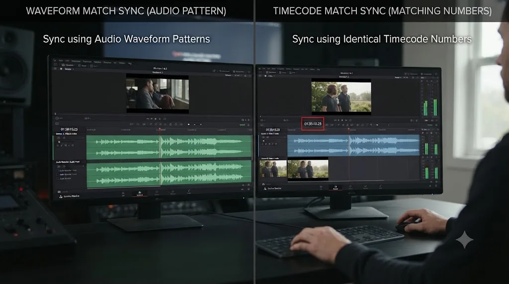 Illustration comparing DaVinci Resolve's waveform audio matching sync method against its timecode number matching sync method