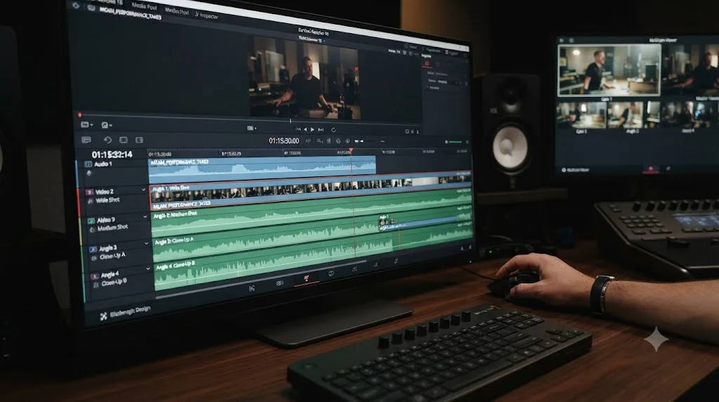 Illustration of a DaVinci Resolve multicam clip opened into its individual camera angle tracks for resyncing