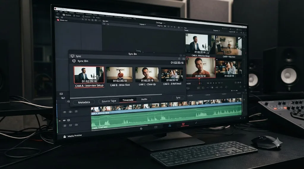 Illustration of the DaVinci Resolve Cut page Sync Bin automatically grouping camera angles by timecode