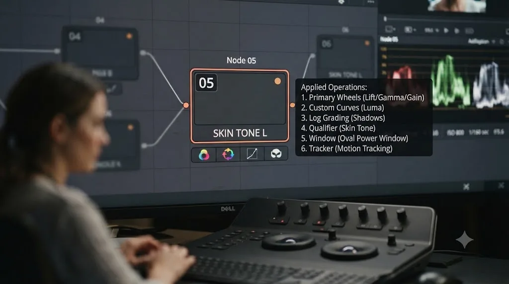 Illustration of a DaVinci Resolve node showing its number badge, adjustment icons, and an automatic hover tooltip