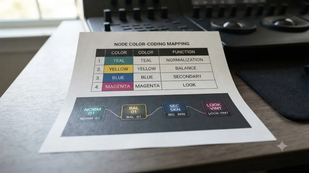Illustration of a color-coding system mapping four node colors to normalization, balance, secondary, and look nodes