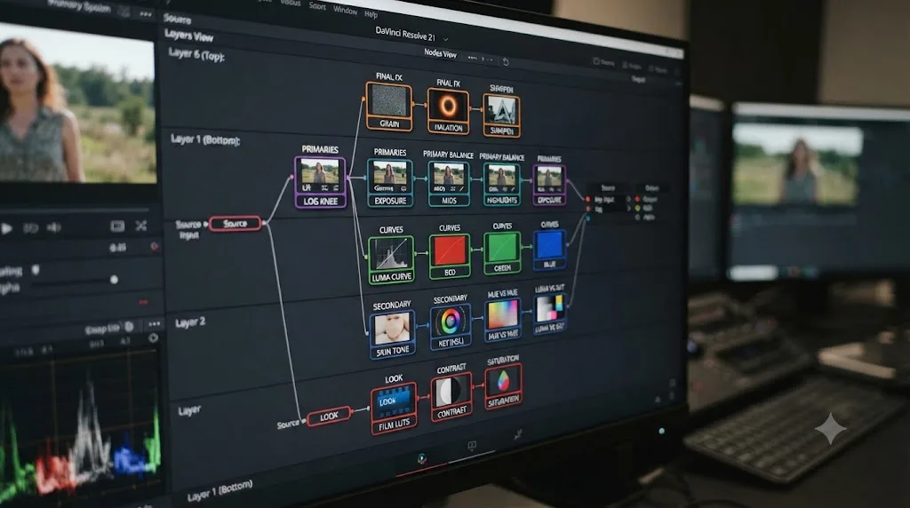 Illustration of the DaVinci Resolve 21 node editor layers view showing labeled and color-coded node rows