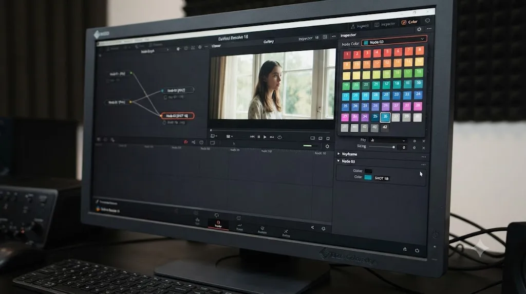 Illustration of the DaVinci Resolve Inspector panel with the Node Color pop-up open showing a swatch grid