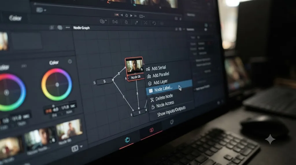 Illustration of the right-click context menu on a DaVinci Resolve node with the Node Label option highlighted