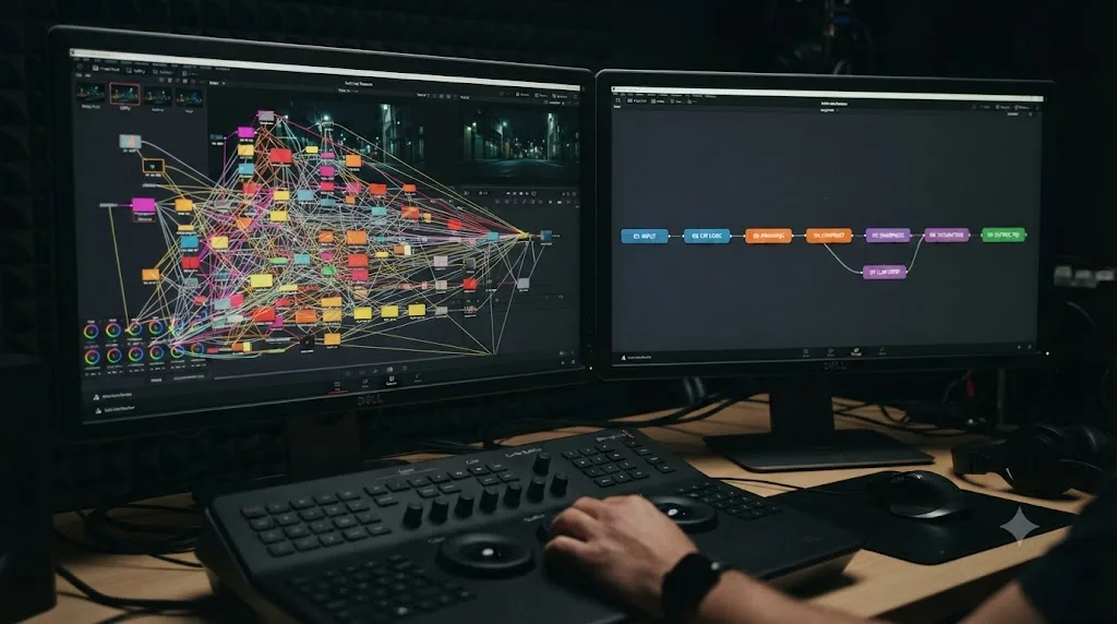 Illustration comparing an over-colored, cluttered DaVinci Resolve node graph against a simplified four-color version