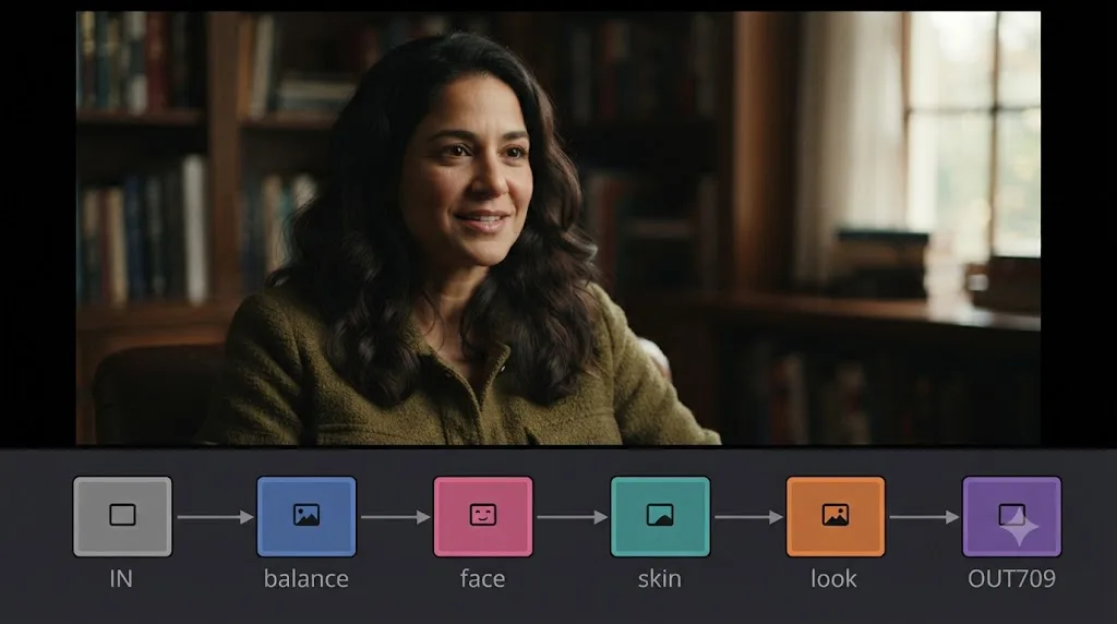Illustration of a six-node DaVinci Resolve chain with each node clearly labeled and color-coded for an interview grade
