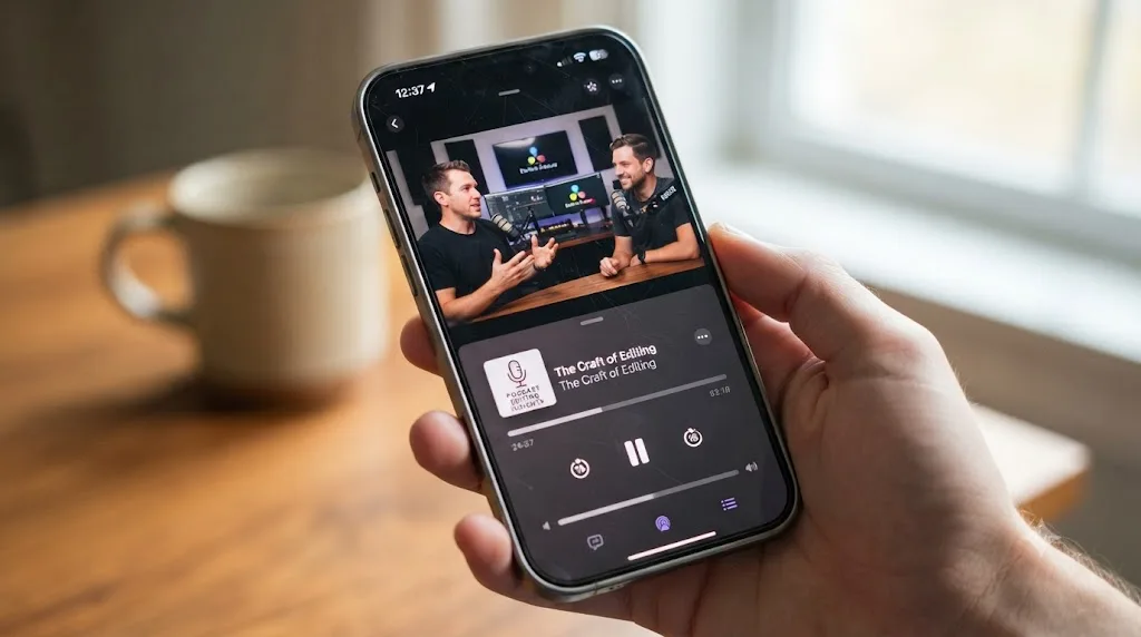 Illustration of the Apple Podcasts app transitioning between audio listening and full-screen video playback