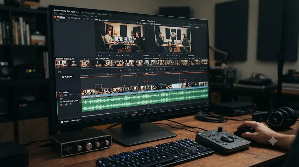 Illustration of a multicam podcast timeline with two synced camera angles and a dedicated audio track